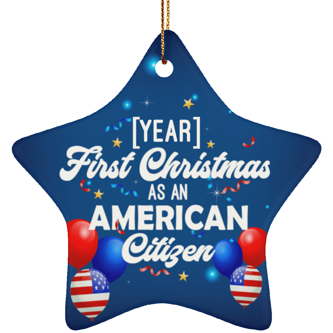 Personalized First Christmas As An American Citizen Holiday Flat Star Porcelain Ceramic Ornament Keepsake, White, Ceramic Star Ornament
