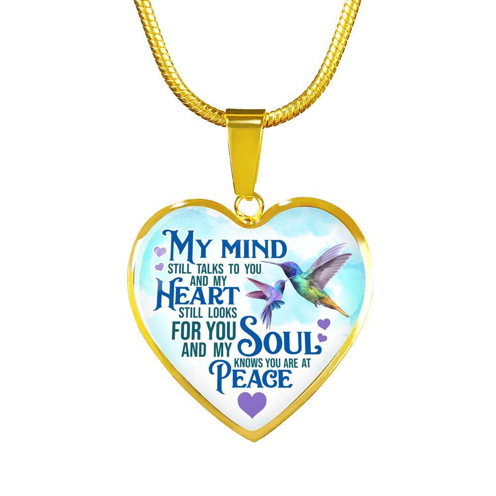 My Mind Still Talks To You But My Soul Know You Are At Peace Hummingbird Luxury Heart Pendant Necklace - Heart Luxury Necklace (Gold Plated)