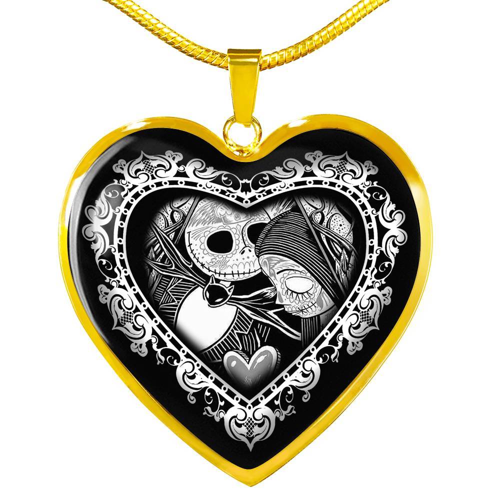 Jack And Sally Heart Pendant Necklace - Skellington Gifts For Couple - Heart Luxury Necklace (Gold Plated)