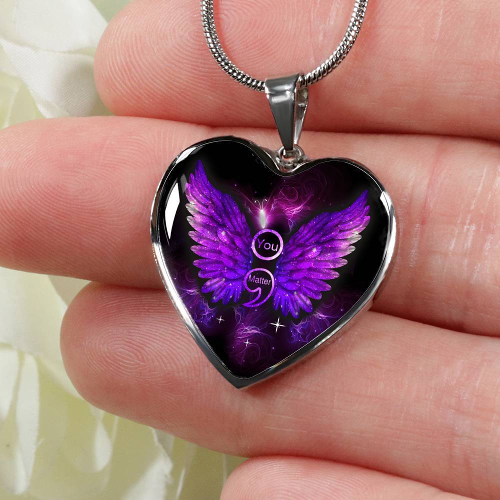 You Matter Memorial Suicide Prevention Awareness Heart Pendant Necklace - Mental Health Awareness Necklace - Heart Luxury Necklace (Silver)
