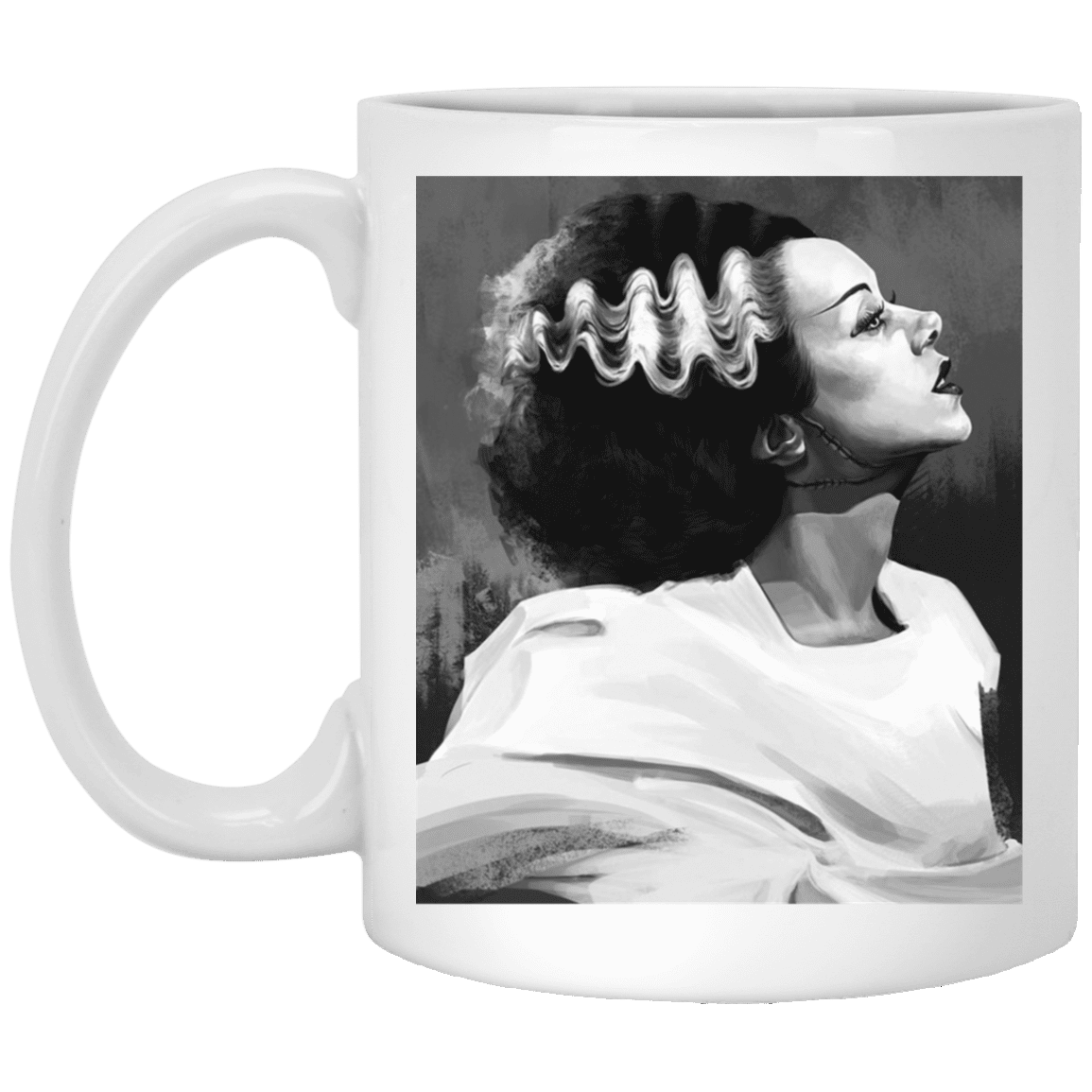 The Bride of Frankenstein Vintage Horror Characters Movie Ceramic Coffee Mug - Water Bottle, White, 11 oz. White Mug