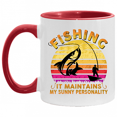 Fishing It Maintains My Sunny Personality - Fishing Lover Gifts for Men Accent Mug, White/Red, 11 oz. Accent Mug