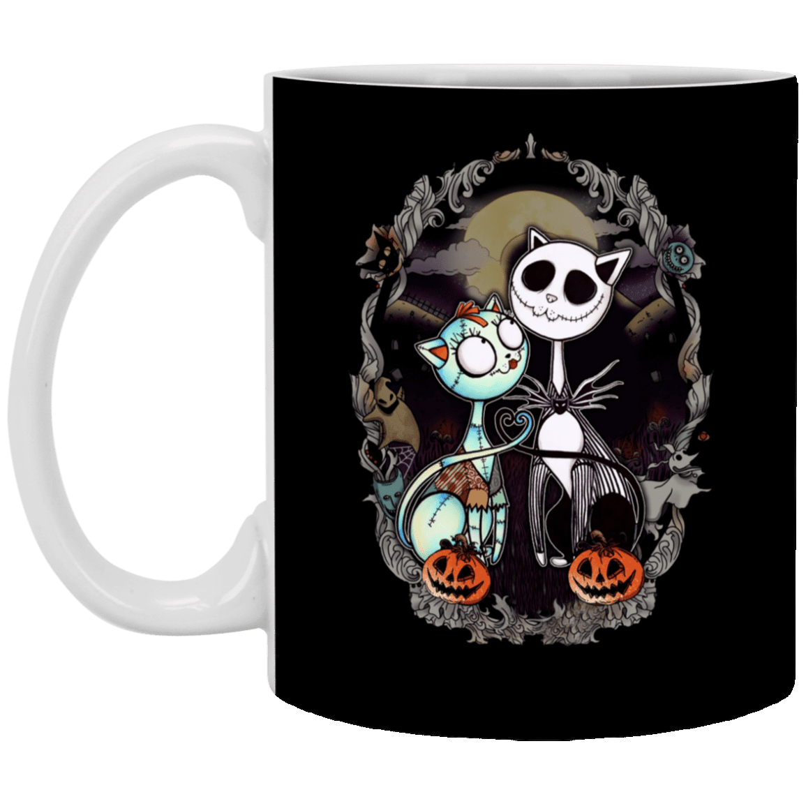 Jack and Sally Cats Pumpkin King Funny Nightmare before Christmas Ceramic Coffee Mug - Water Bottle, Black, 11 oz. White Mug