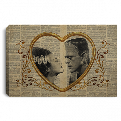 Frankenstein And Bride Wrapped Framed Canvas Prints - Unframed Poster - Classic Horror Home Decor Wall Art, White, 0.75'' Framed Canvas