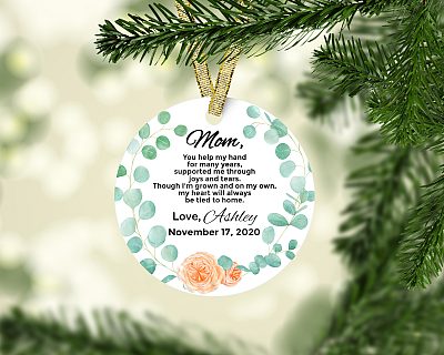 Alternative view of Personalized Christmas Ornament for Mother from The Bride - Flat Circle Porcelain Ceramic Ornament