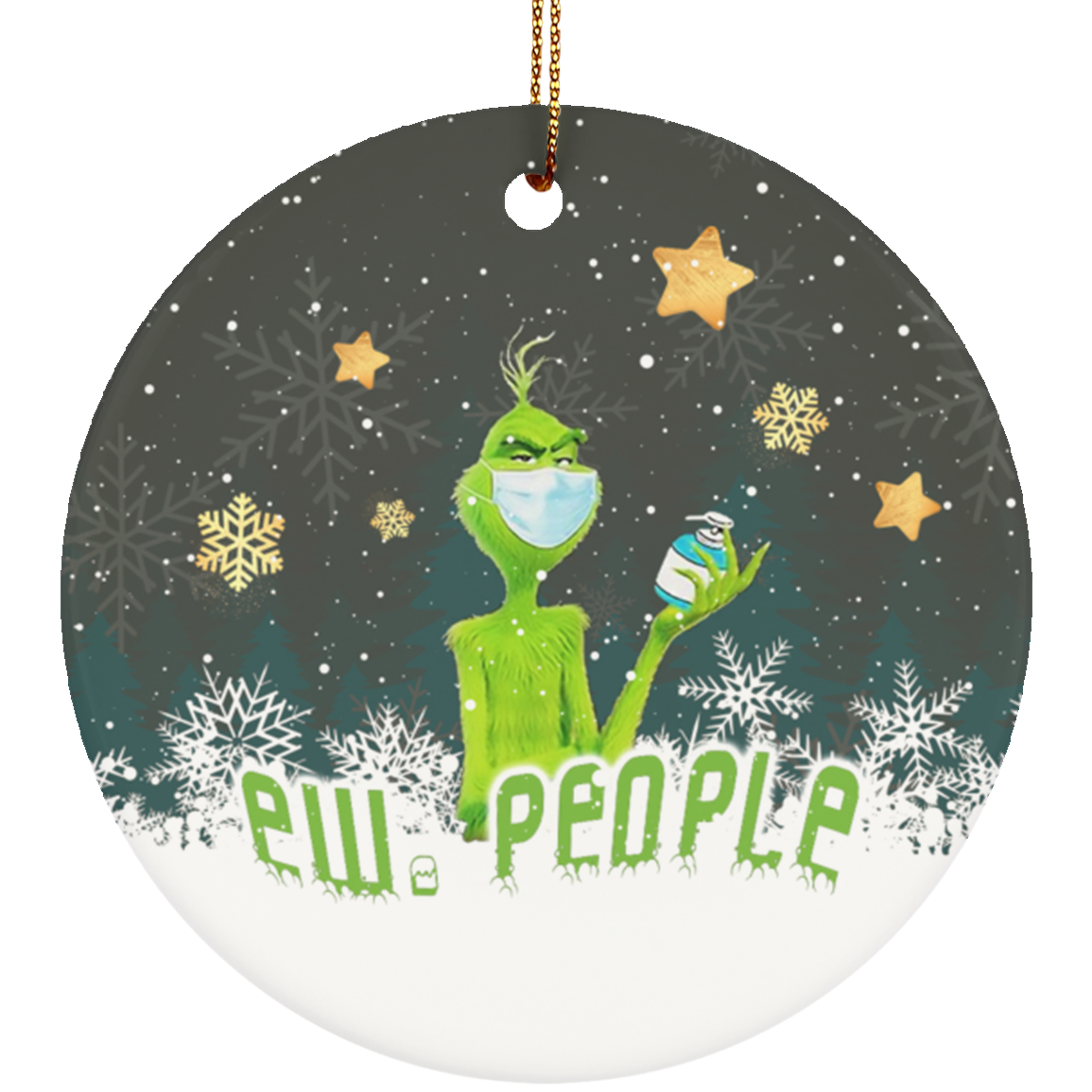 Ew People Grinch Covid Decorative Christmas Ornament - Holiday Flat Circle Porcelain Ceramic Ornament Decoration Gift, White, Ceramic Circle Ornament