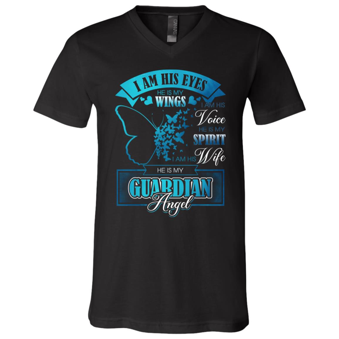 I Am His Eyes He Is My Wings I Am His Wife He Is My Guardian Angel Loss Of Husband T-Shirt - V-Neck Shirt, Black, V-Neck T-Shirt