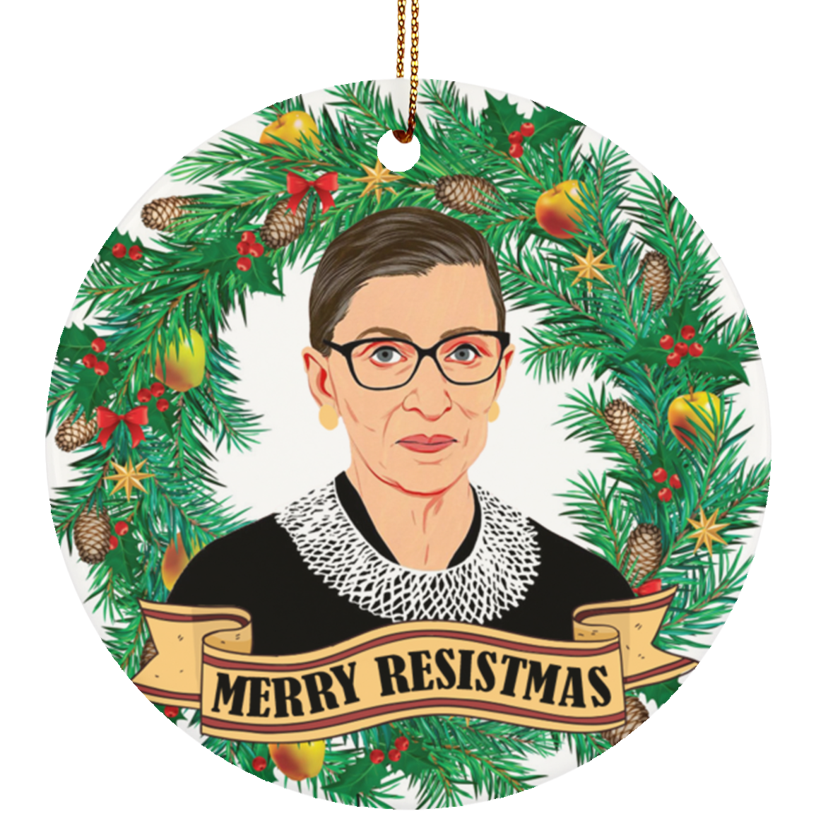 Merry Resistmas Ruth Bader Ginsburg Christmas Ornament - Notorious RBG Flat Circle Porcelain Ceramic Ornament, White, Ceramic Circle Ornament