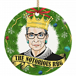 The Notorious RBG Christmas Ornament Green Wreath Ruth Bader Ginsburg Flat Circle Porcelain Ceramic Ornament, White, Ceramic Circle Ornament