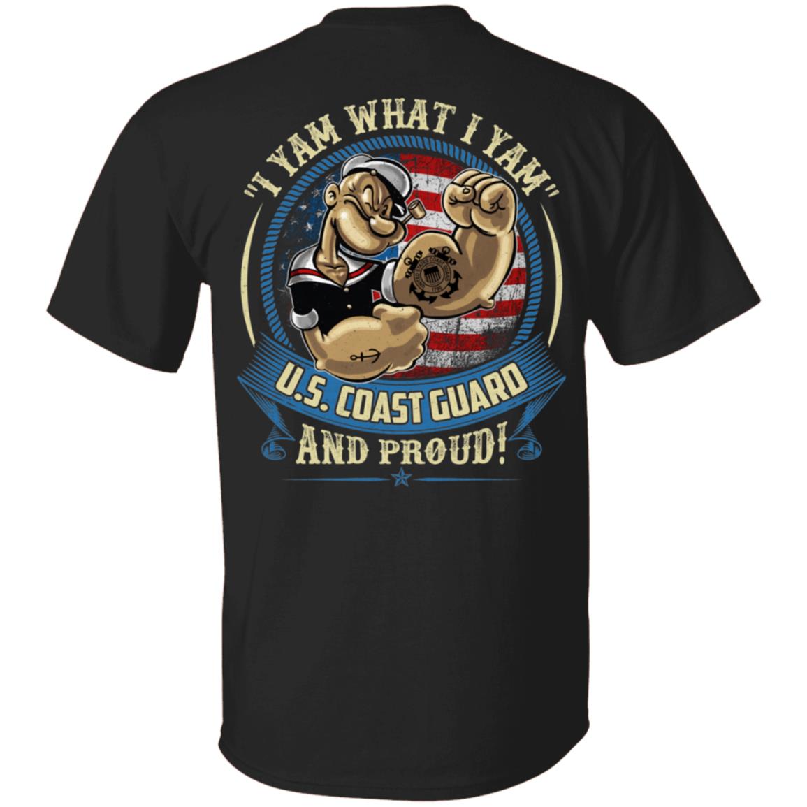 I Yam What I Yam U.S. Coast Guard Funny Print on Back - Plain Front T-Shirt - V-Neck, Black, Unisex T-Shirt