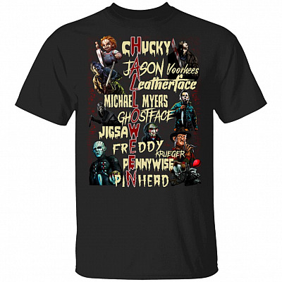 Creepy All Horror Movies Character Halloween T-Shirt - Horror Character Creepy Halloween Shirt, Black, Unisex T-Shirt