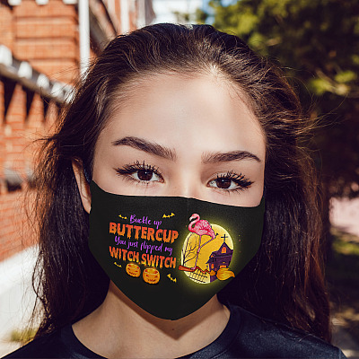 Alternative view of Flamingo Halloween Buckle up Buttercup You Just Flipped My Witch Switch Washable Reusable Cloth Face Mask Cover