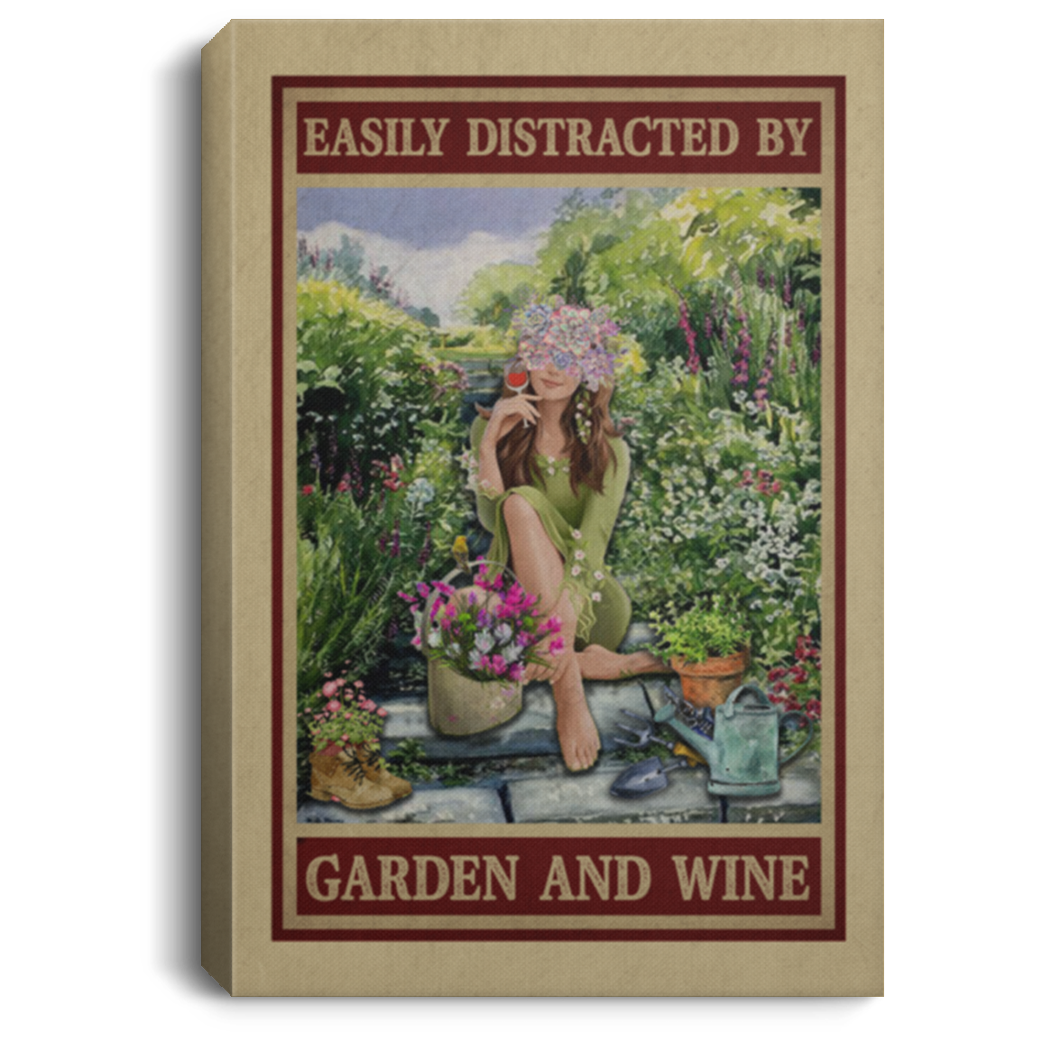 Easily Distracted By Garden and Wine Garden Girl Vintage Retro Framed Canvas - Unframed Poster, White, 0.75'' Framed Canvas