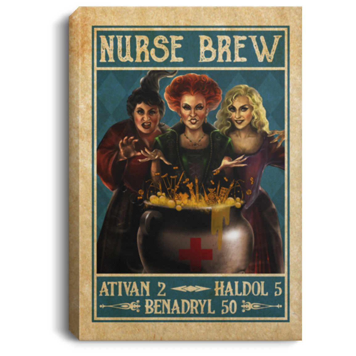 Halloween Nurse Brew Hocus Three Witches Vintage Retro Framed Canvas - Unframed Poster, White, 0.75'' Framed Canvas