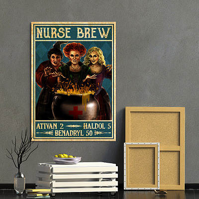Alternative view of Halloween Nurse Brew Hocus Three Witches Vintage Retro Framed Canvas - Unframed Poster
