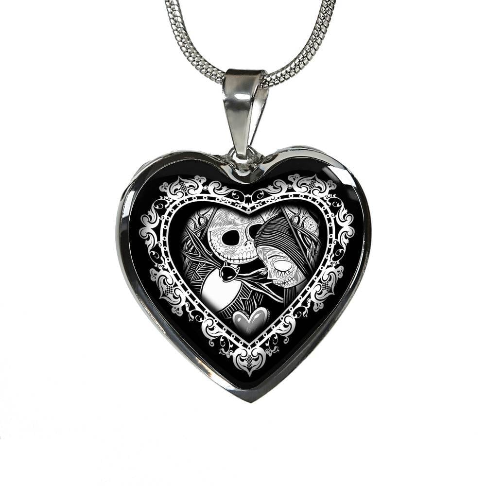 Jack And Sally Heart Pendant Necklace - Skellington Gifts For Couple - Heart Luxury Necklace (Silver)