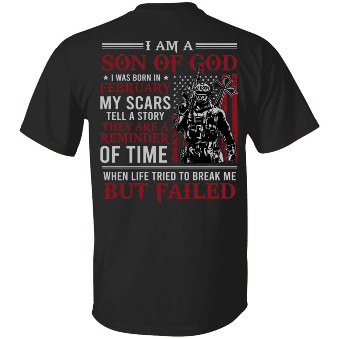 February I Am A Son Of God American Flag Print On Back T-Shirt - American Soldier February Birthday Shirt, Black, Unisex T-Shirt