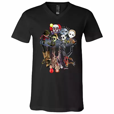 Cute Chibi Horror Movies Characters Funny Halloween T-Shirt - V Neck, Black, V-Neck T-Shirt