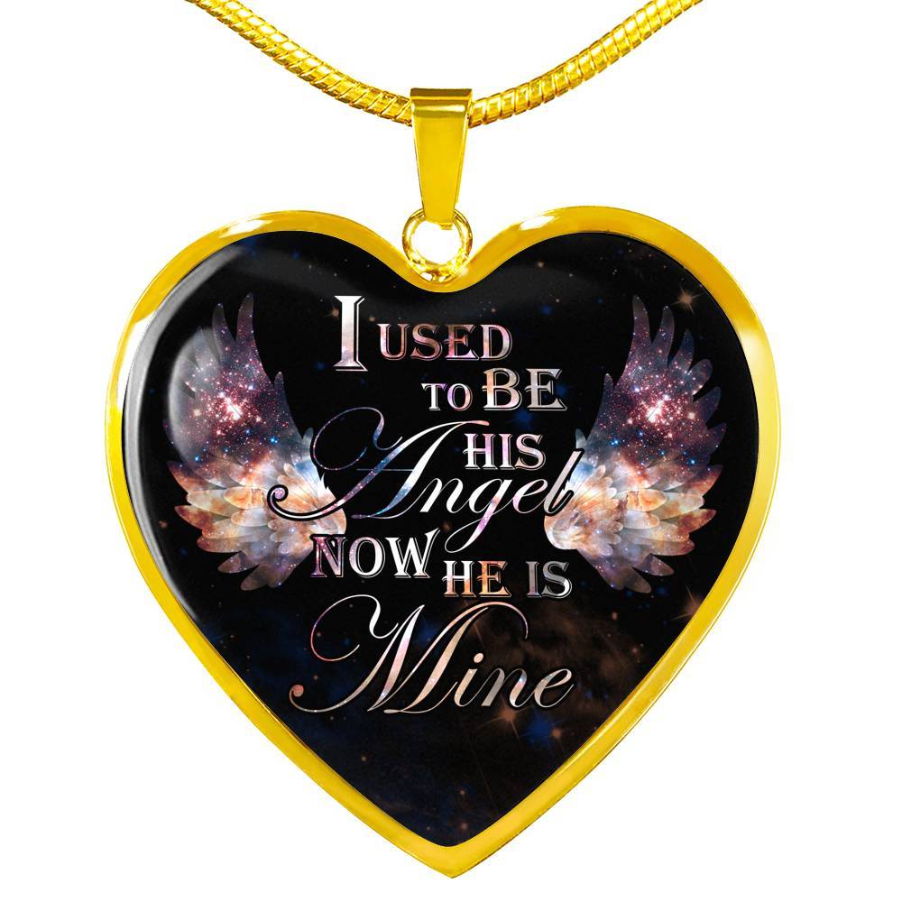 I Used To Be His Angel Now He Is Mine Memorial Heart Pendant Necklace - Loss of a Dad Sympathy Gift - Heart Luxury Necklace (Gold Plated)