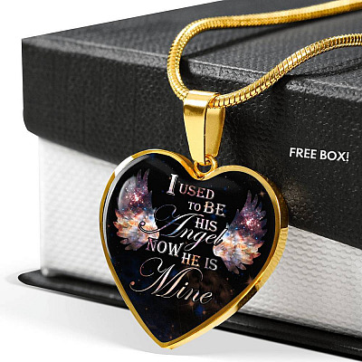 I Used To Be His Angel Now He Is Mine Memorial Heart Pendant Necklace - Loss of a Dad Sympathy Gift - Heart Luxury Necklace (Gold Plated)