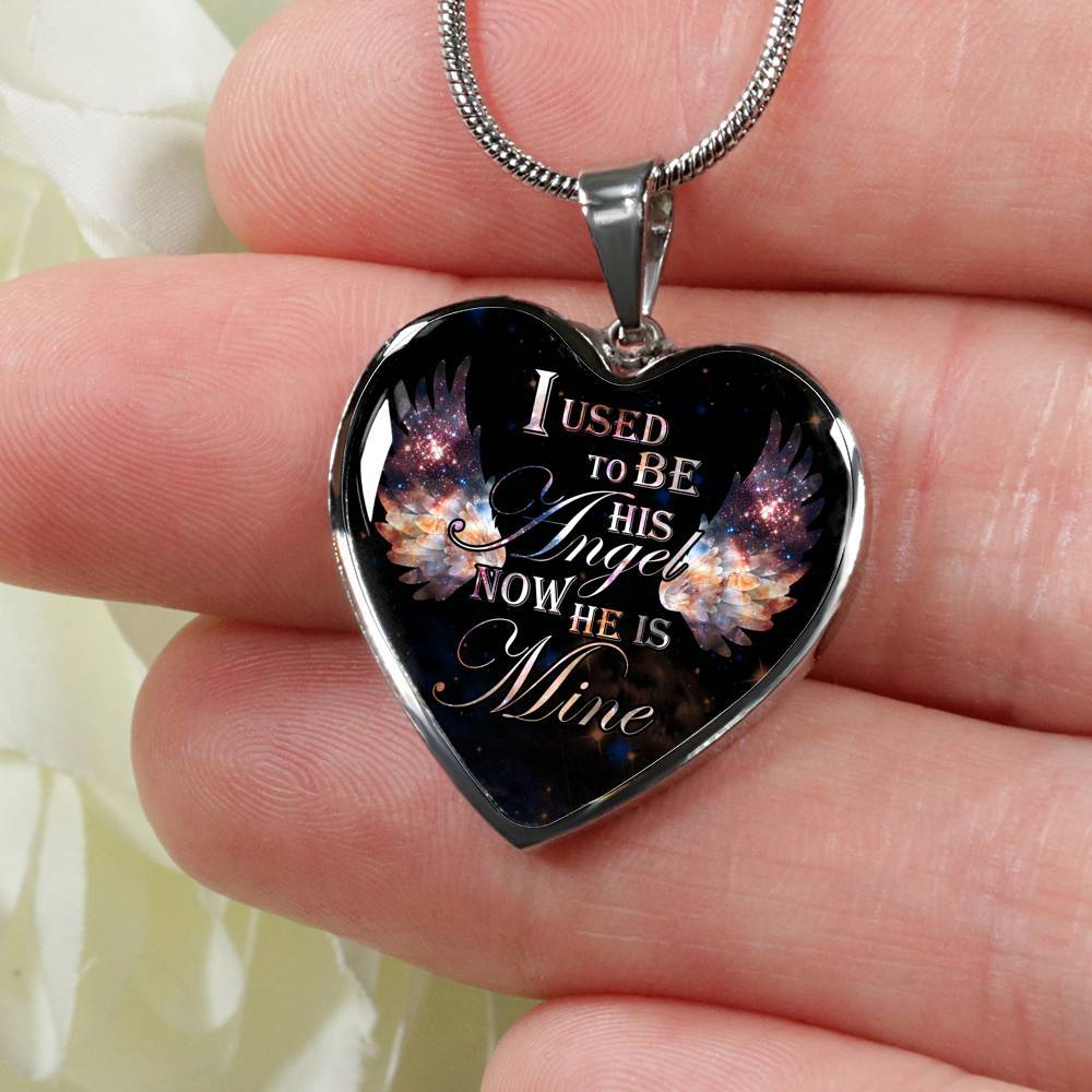 I Used To Be His Angel Now He Is Mine Memorial Heart Pendant Necklace - Loss of a Dad Sympathy Gift - Heart Luxury Necklace (Silver)