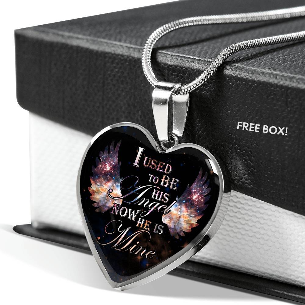 I Used To Be His Angel Now He Is Mine Memorial Heart Pendant Necklace - Loss of a Dad Sympathy Gift - Heart Luxury Necklace (Silver)
