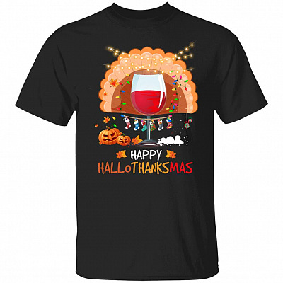 Happy HalloThanksMas Shirt - Funny Holiday Halloween Thanksgiving Christmas Shirt - Wine Turkey Shirt, Black, Unisex T-Shirt