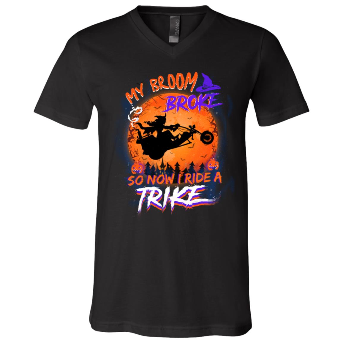 My Broom Broke So Now I Ride A Trike Halloween T-Shirt - V-Neck Shirt - Witch Riding Motorcycle Shirt, Black, V-Neck T-Shirt