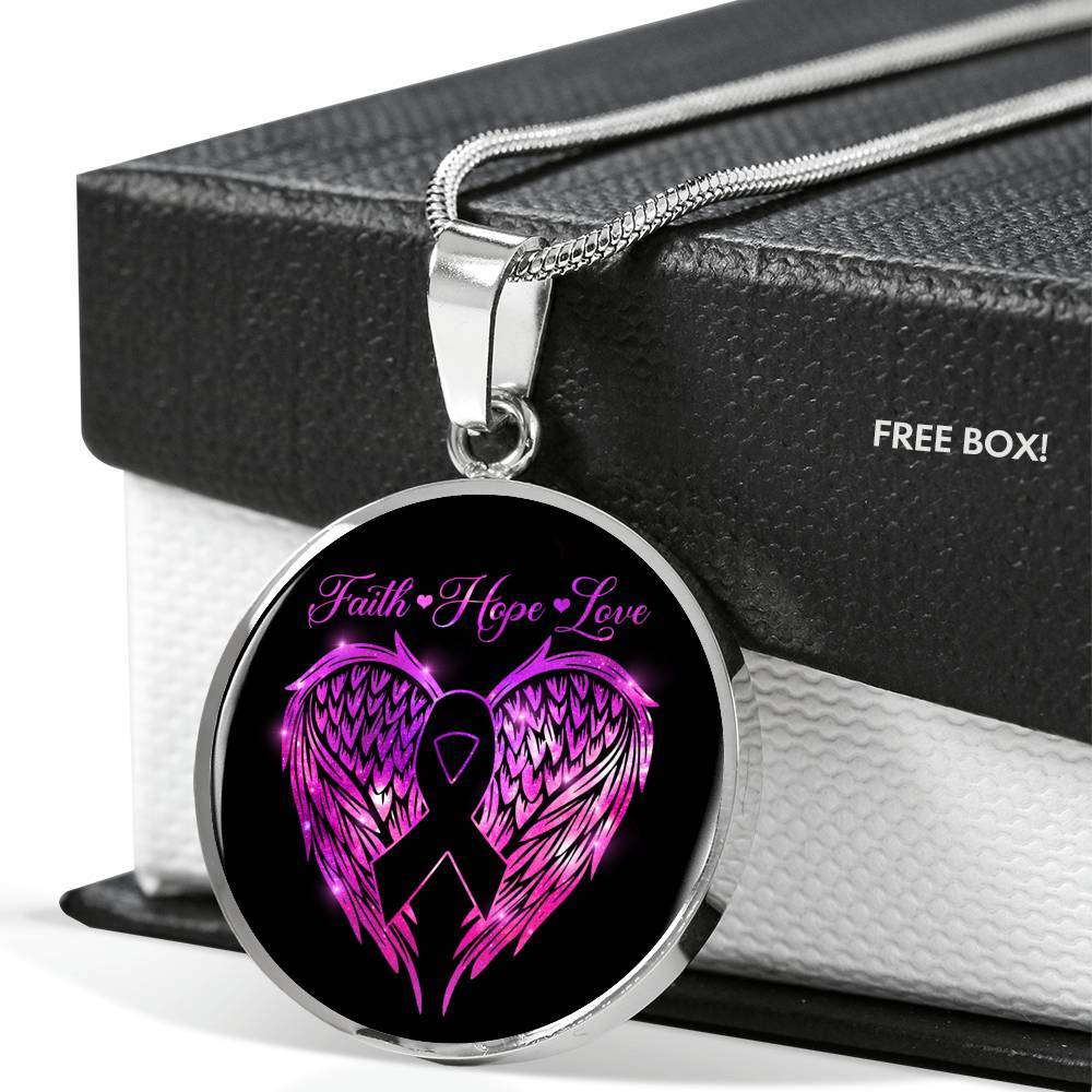 Faith Hope Love Breast Cancer Survivor Circle Pendant Necklace - Circle Luxury Necklace (Silver)