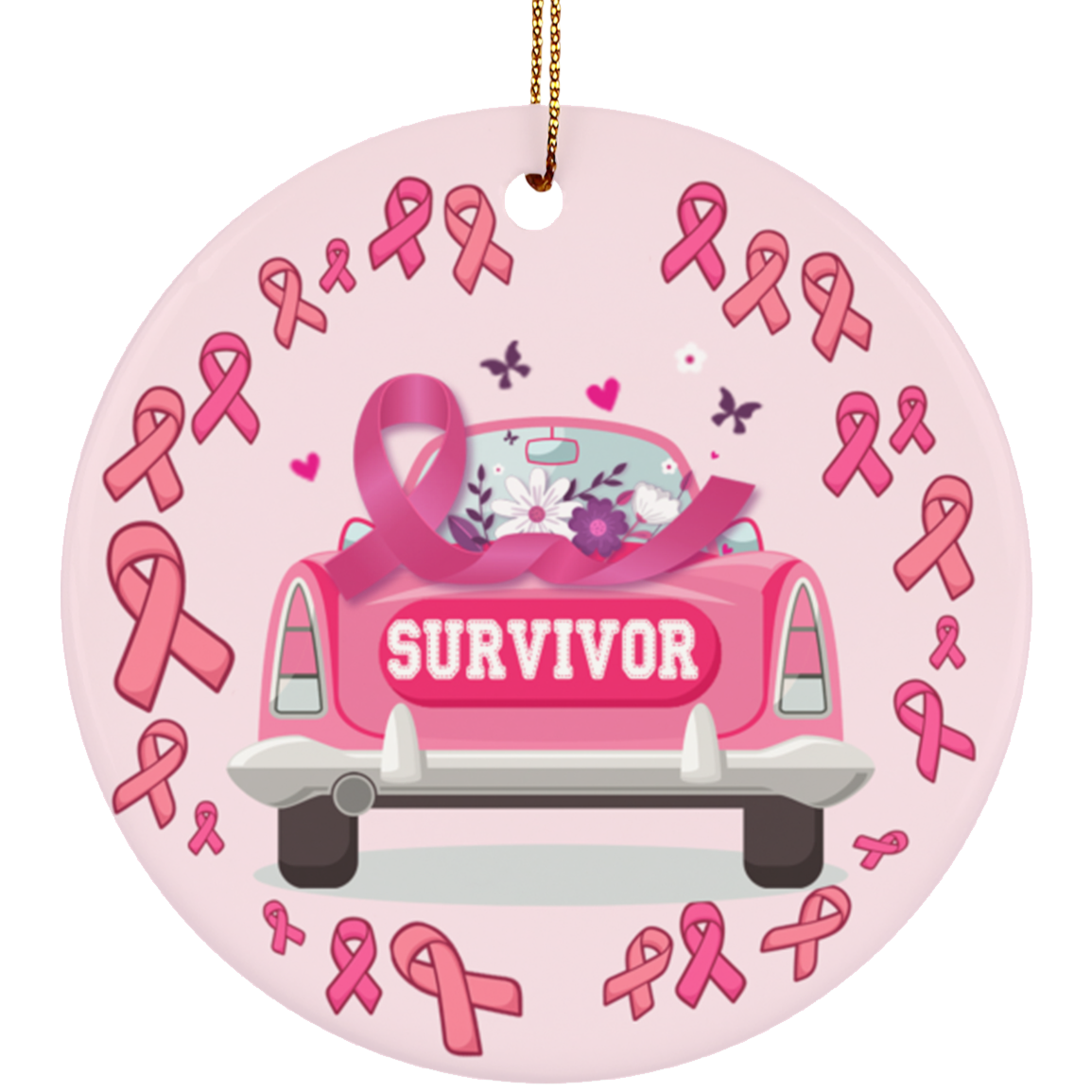 Breast Cancer Survivor Decorative Christmas Ornament Keepsake - Holiday Flat Circle Porcelain Ceramic Ornament, White, Ceramic Circle Ornament