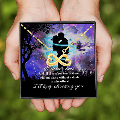 Galaxy Couple I Choose You and I Will Choose You Over and Over and Over Infinity Heart Pendant Necklace