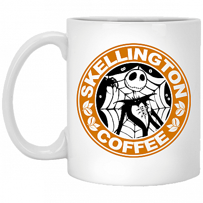 Skellington Coffee Pumpkin King Nightmare before Christmas Ceramic Coffee Mug - Water Bottle, White, 11 oz. White Mug