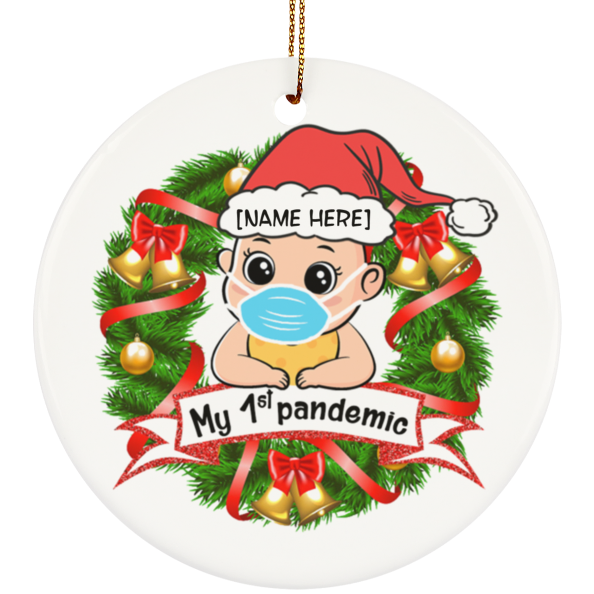 Personalized My 1st Pandemic Baby's First Christmas Ornament - Baby Flat Circle Porcelain Ceramic Ornament, White, Circle Ornament