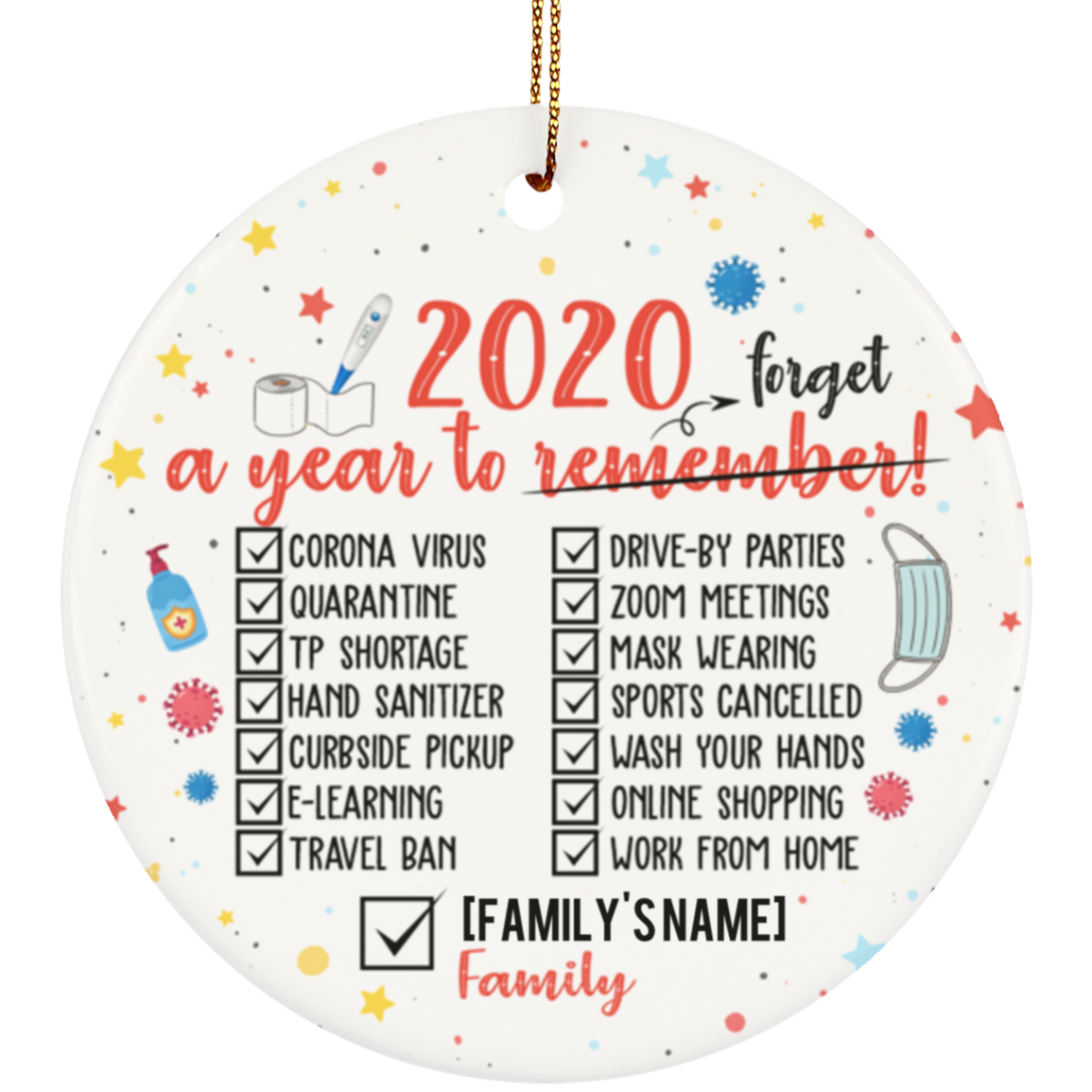 Personalized 2020 Worst Of The Year Checklist Funny Christmas Circle Ceramic Ornament, White, Circle Ornament
