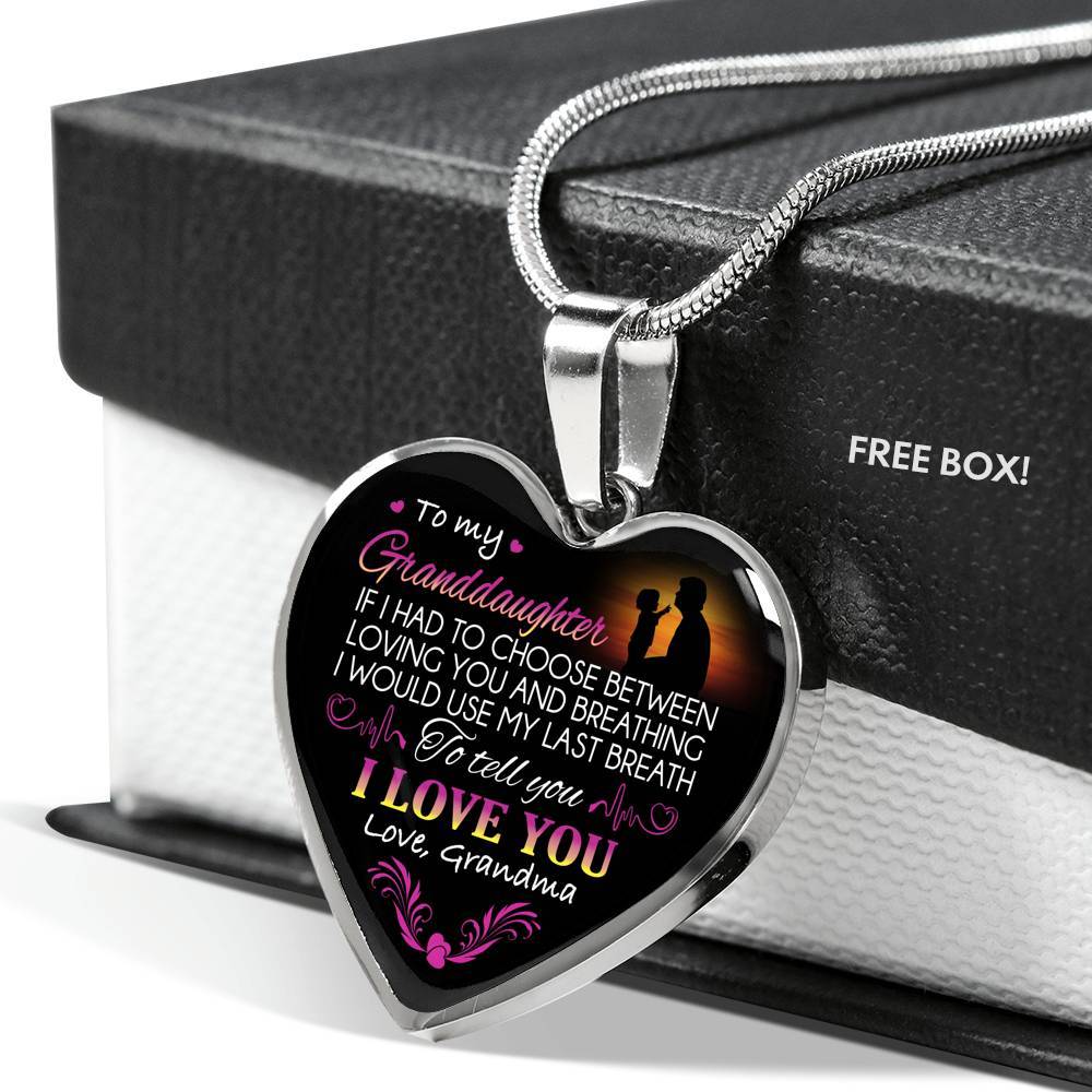 Grandma To My Granddaughter if I Had to Choose Between Loving You And Breathing Heart Pendant Necklace - Heart Luxury Necklace (Silver)