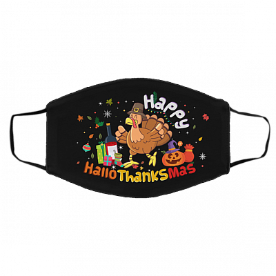 Happy HalloThanksMas Washable Reusable Custom - Printed Cloth Face Mask Cover, Black, Cloth Face Cover – Medium/Large