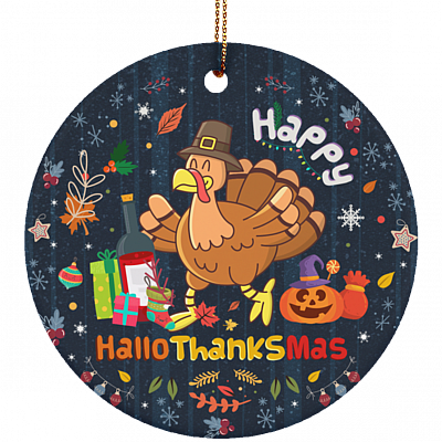 Happy HalloThanksMas Cute Funny Ornament Keepsake - Holiday Flat Circle Porcelain Ceramic Ornament, White, Circle Ornament