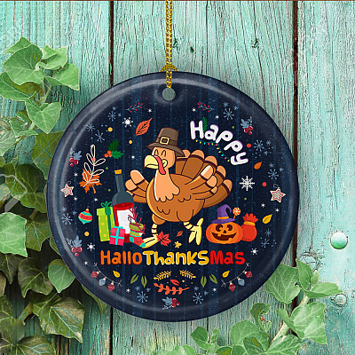 Alternative view of Happy HalloThanksMas Cute Funny Ornament Keepsake - Holiday Flat Circle Porcelain Ceramic Ornament
