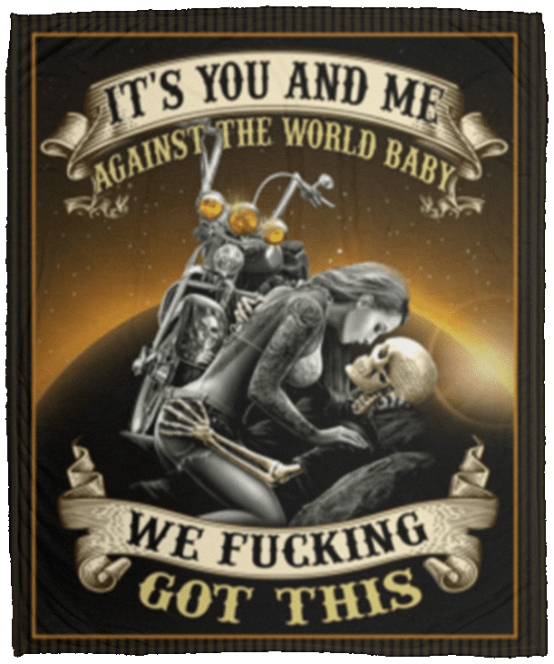 It's You And Me Against The World Baby Skull Biker Rider Fleece Blanket - Couple Biker Premium Sherpa Blanket, White, Cozy Plush Fleece Blanket - 50x60