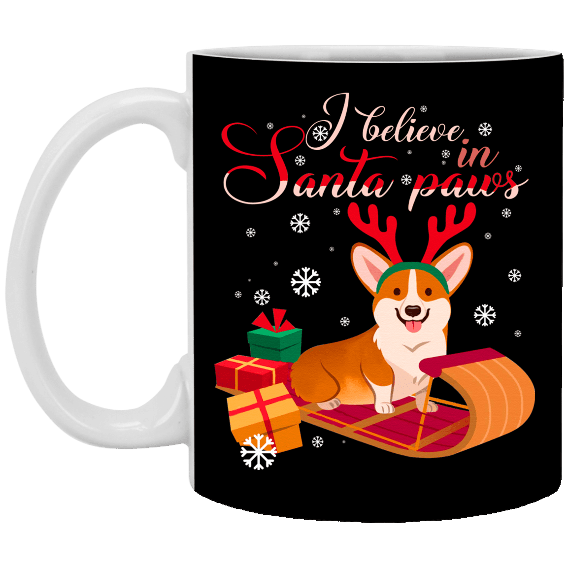I Believe in Santa Corgi Paws Ceramic Coffee Mug - Beer Stein - Water Bottle - Color Changing Mug, Black, 11 oz. White Mug