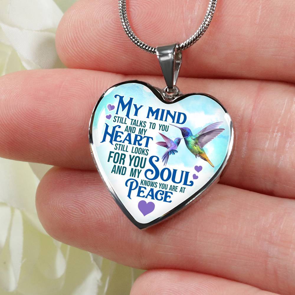 My Mind Still Talks To You But My Soul Know You Are At Peace Hummingbird Luxury Heart Pendant Necklace - Heart Luxury Necklace (Silver)