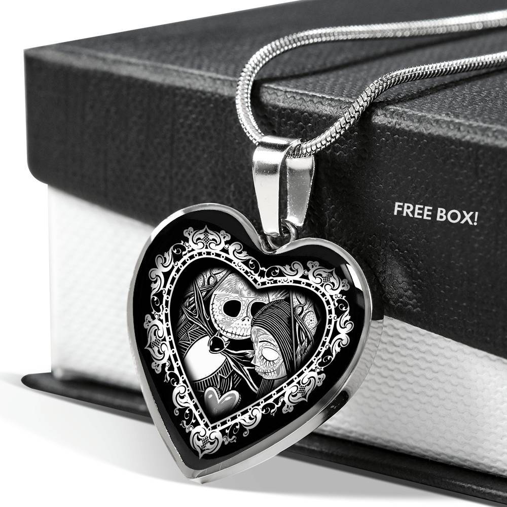 Jack And Sally Heart Pendant Necklace - Skellington Gifts For Couple - Heart Luxury Necklace (Silver)