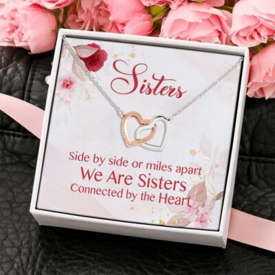 Alternative view of Sisters Side By Side Or Miles Apart We Are Sisters Connected By The Heart Interlocking Hearts Pendant Necklace