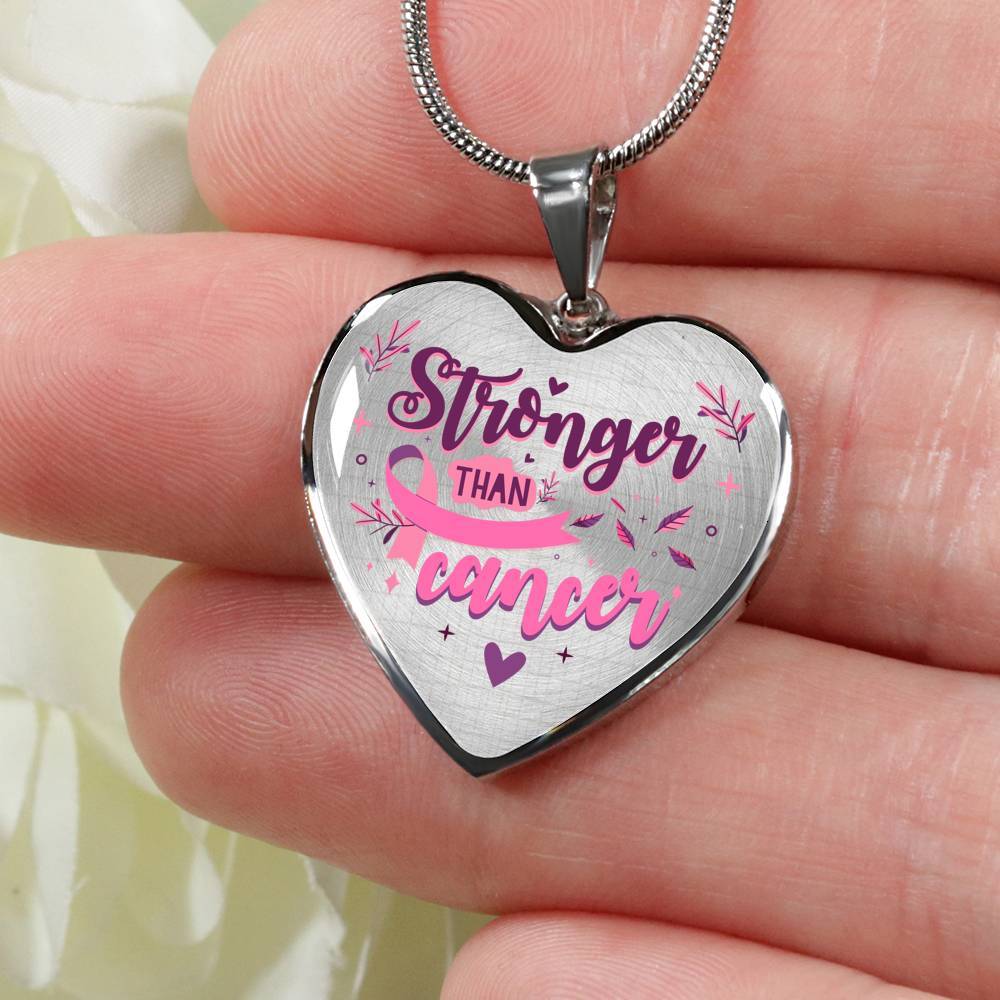 Stronger Than Cancer Heart Pendant Necklace - Necklace For Breast Cancer Awareness - Heart Luxury Necklace (Silver)