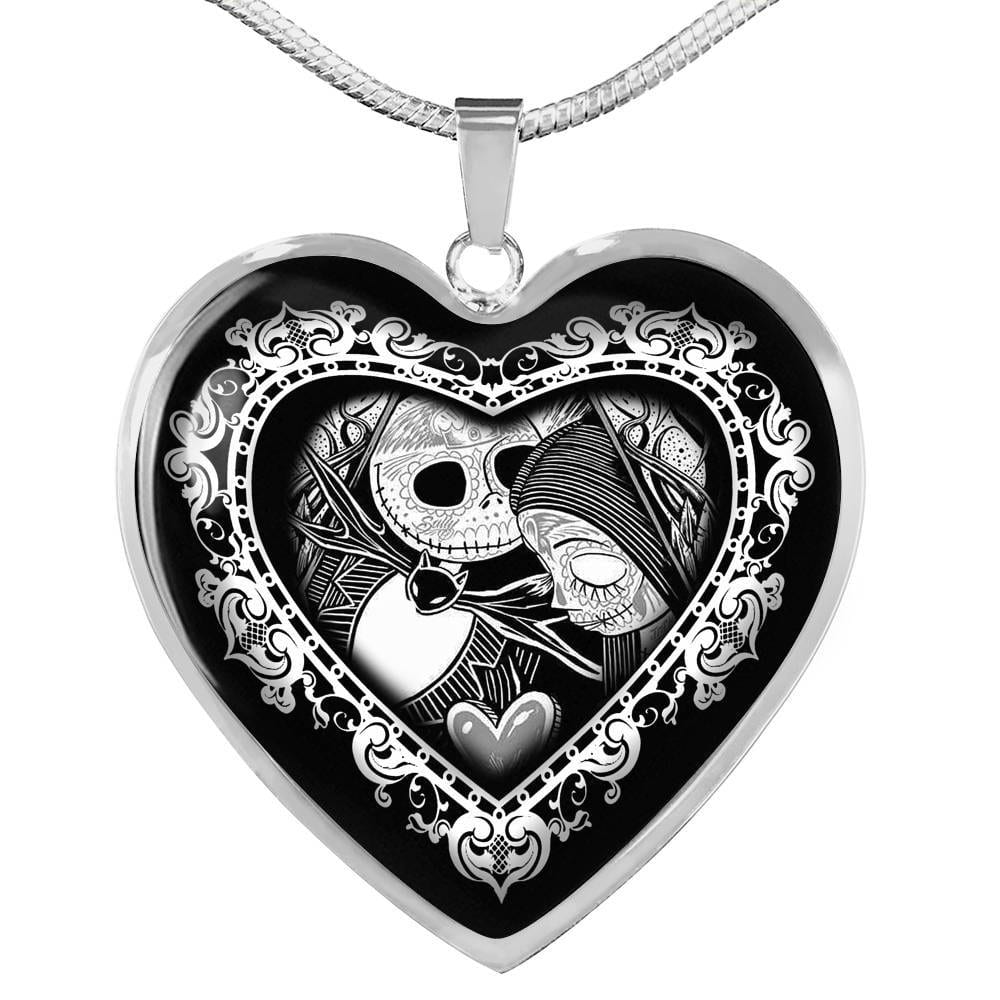 Jack And Sally Heart Pendant Necklace - Skellington Gifts For Couple - Heart Luxury Necklace (Silver)