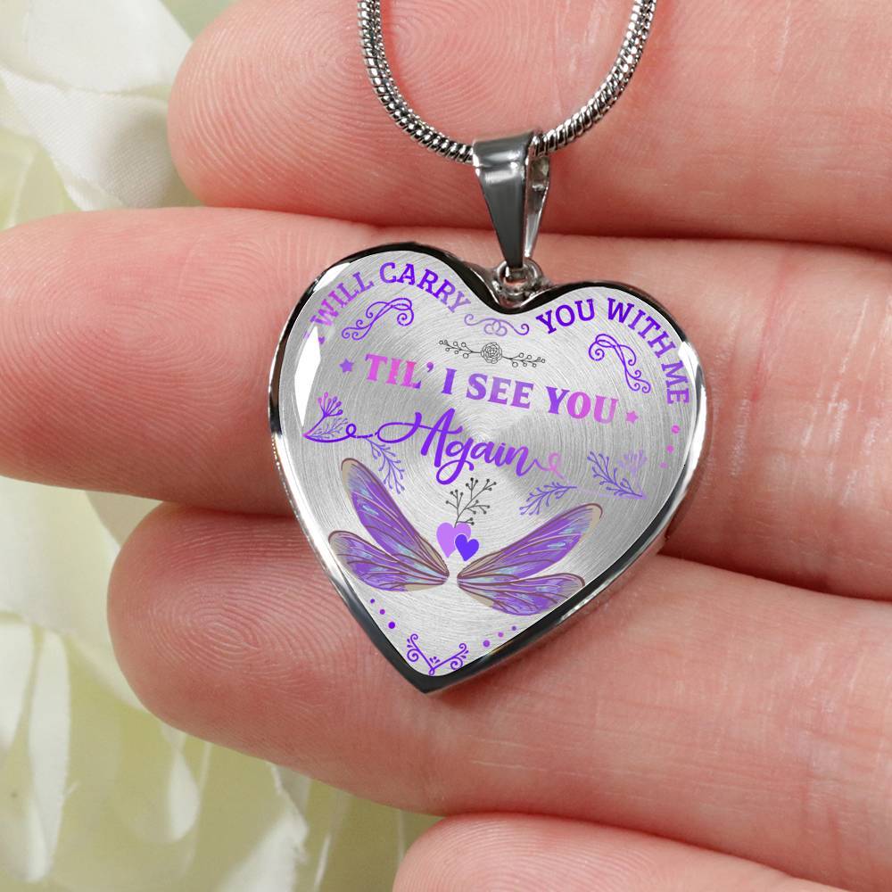 Dragonfly I Will Carry You with Me Til' I See You Again Heart Pendant Necklace - Heart Luxury Necklace (Silver)