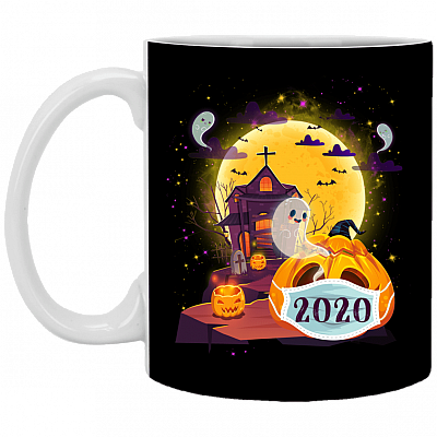 Pumpkin Wearing Face Mask Funny Halloween Ceramic Coffee Mug - Beer Stein - Water Bottle - Color Changing Mug, Black, 11 oz. White Mug