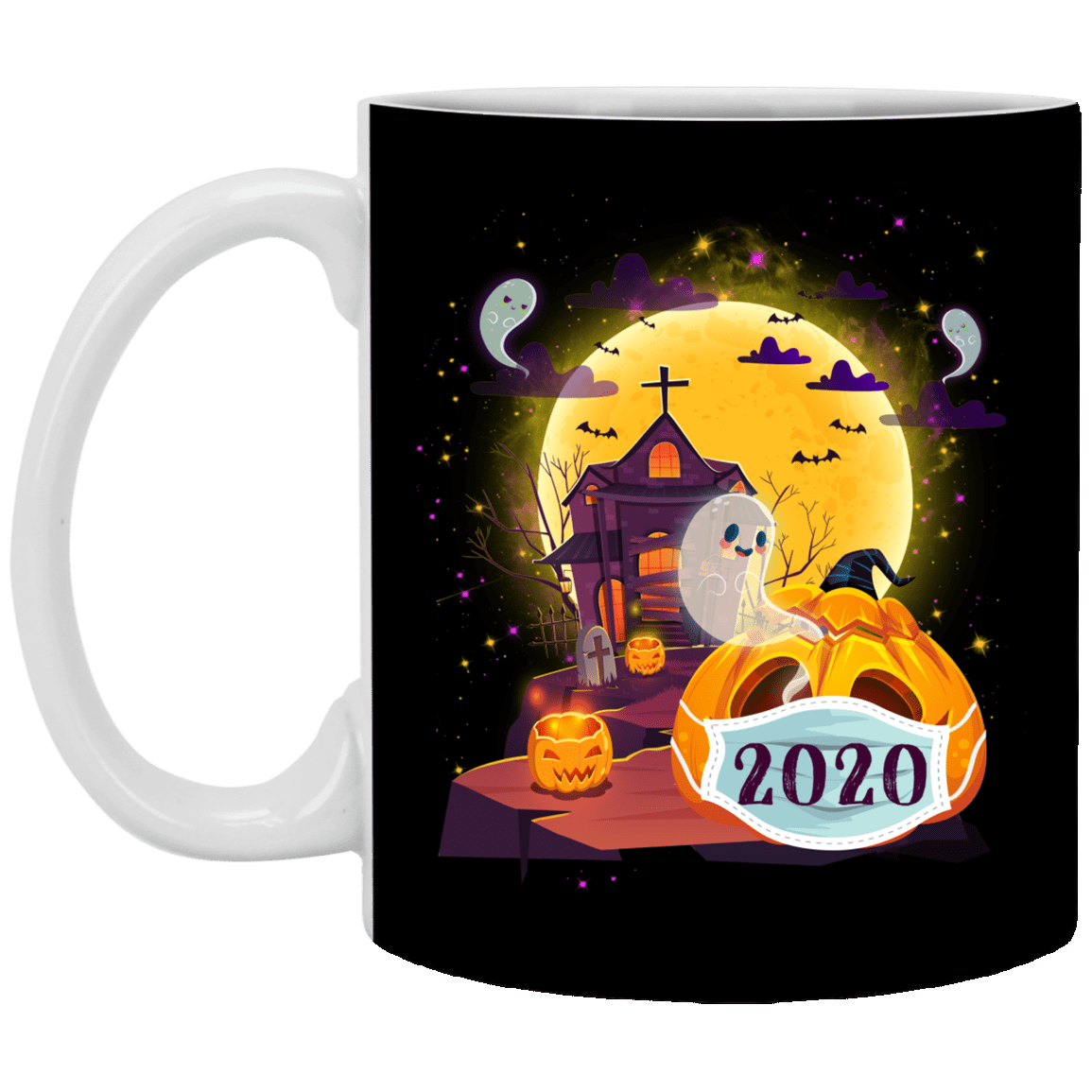 Pumpkin Wearing Face Mask Funny Halloween Ceramic Coffee Mug - Beer Stein - Water Bottle - Color Changing Mug, Black, 11 oz. White Mug
