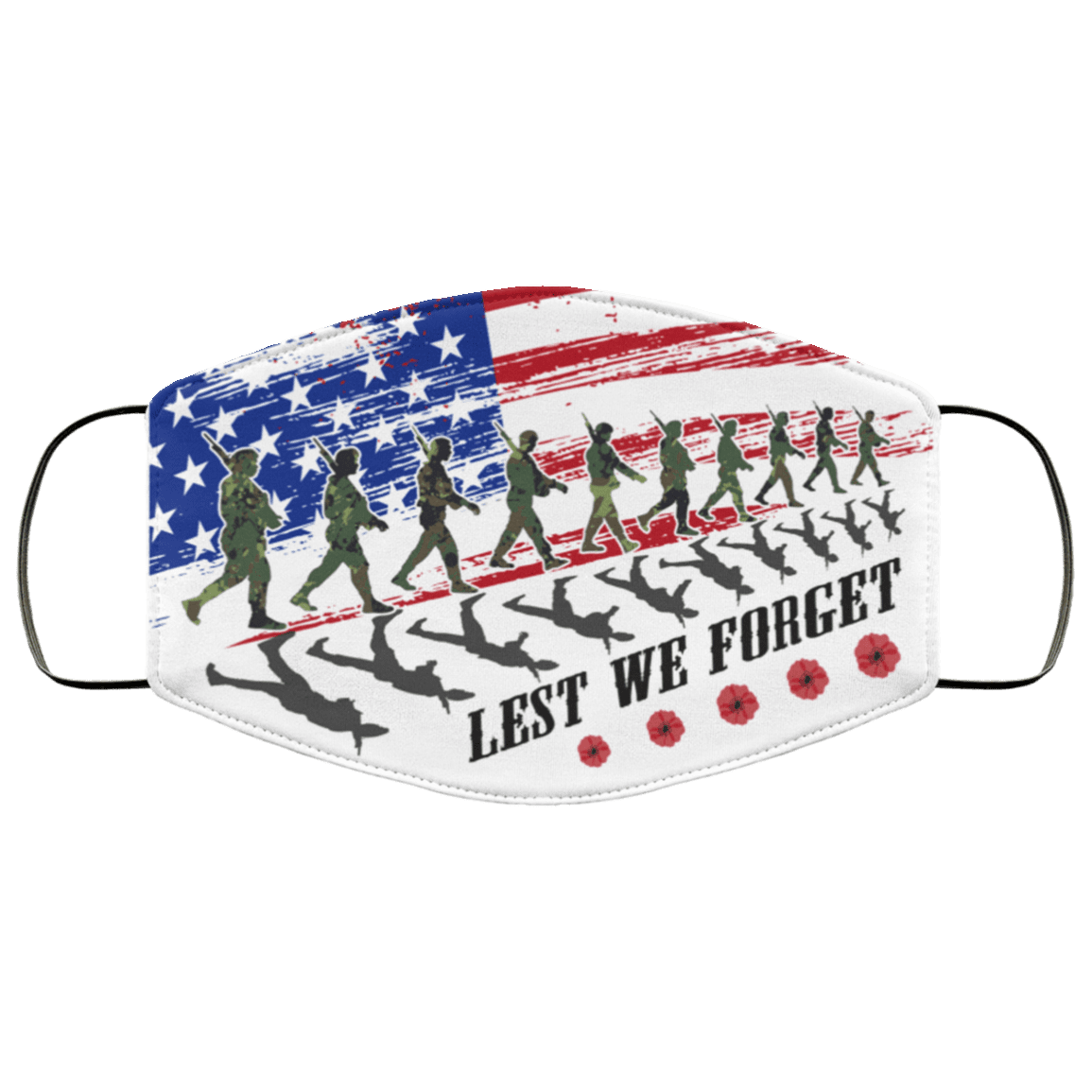 Lest We Forget Washable Reusable Custom - Printed Cloth Face Mask Cover - US Army Veteran Flag Mask, White, Cloth Face Cover – Medium/Large