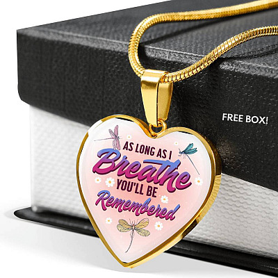 Dragonfly as Long as I Breathe You'll Be Remembered Heart Pendant Necklace - Heart Luxury Necklace (Gold Plated)